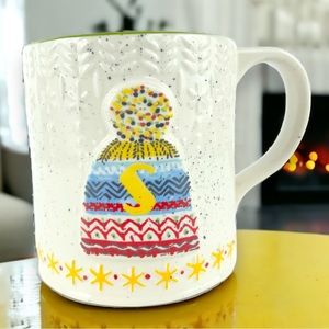 Anthropologie Stonewear Bundled Up Knit Hat Monogram Mug Initial 'S'